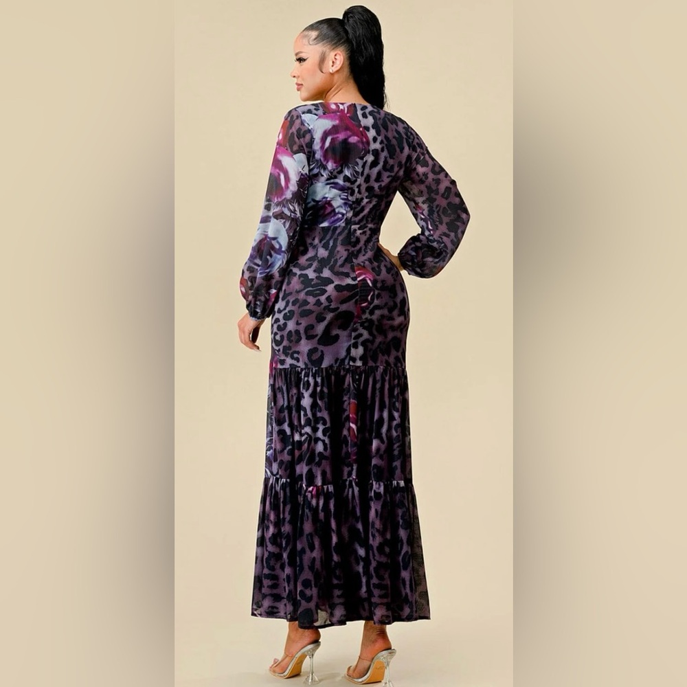 Floral Animal Print Long Sleeve V Neck Cut Out Maxi Dress - Picture 7 of 16